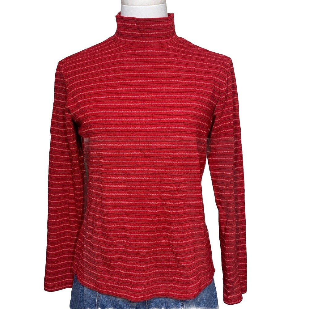 GAP Women's Mock Neck Long Sleeve Top Red Stripped‎ Size M Made In USA